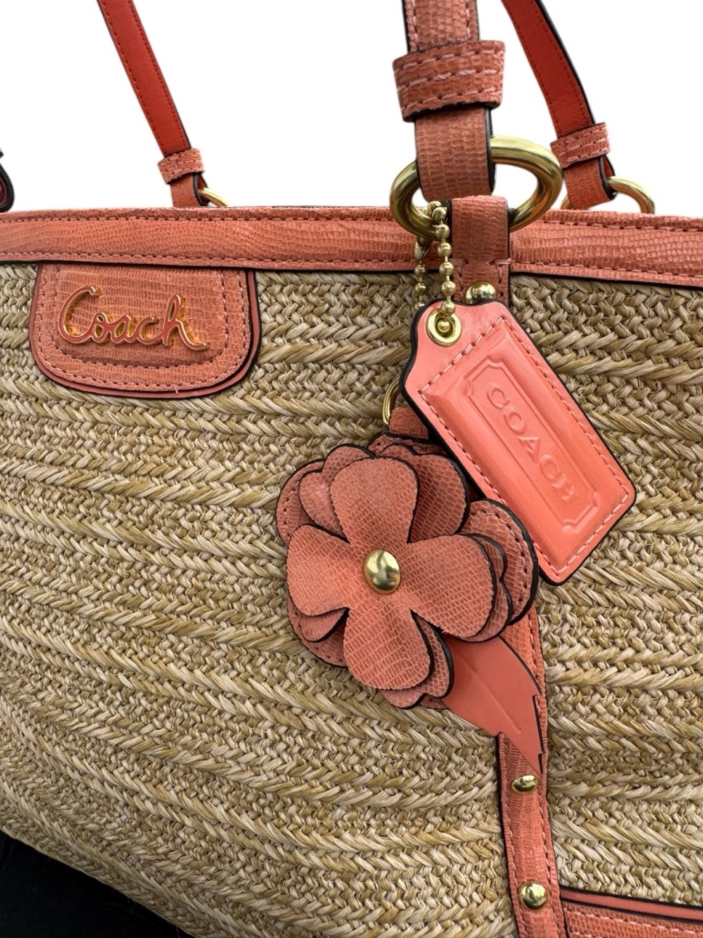NWOT Coach Alexandra Straw with Coral Trim & Flower Charm - Picture 2 of 10
